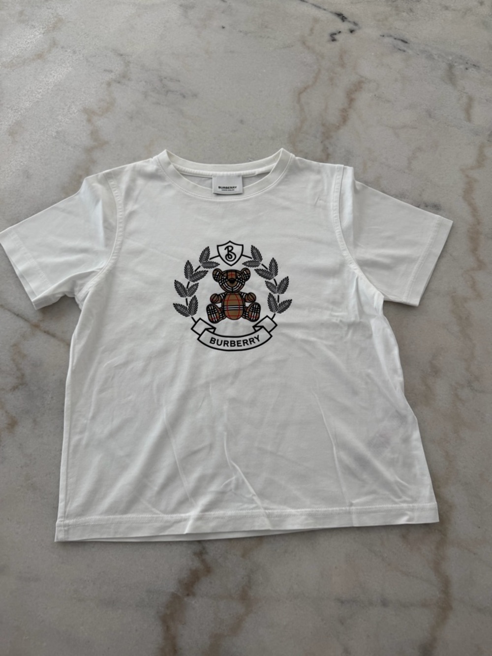 Burberry White Kids Crest Tee with Tartan Bear